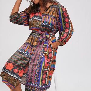 FARM RIO Cielo Midi Belted Shirtdress w/ Puffed Sleeve Size XS